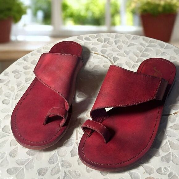 Free People Sant Antoni Slide Sandals Red Leather Toe Loop Slip-On EU 36.5 US 6. - Picture 3 of 13